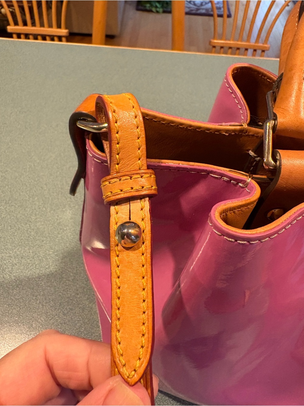 Dooney & Bourke Hot Pink Patent Satchel with Tan Trim - Picture 5 of 13